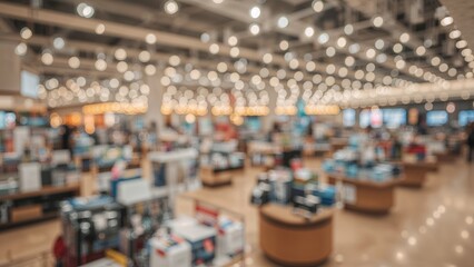 Out-of-focus inside view of a retail shop featuring bokeh lights