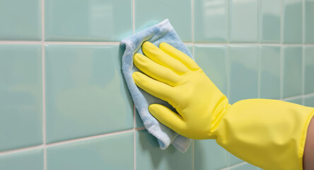 Person wearing yellow rubber gloves cleans light teal ceramic tiles with blue cloth, showing careful and thorough cleaning