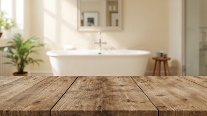 Blurred bathroom scene featuring an empty wooden table ready for product presentation