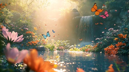Tranquil Garden With Girl And Butterflies High Resolution Picture