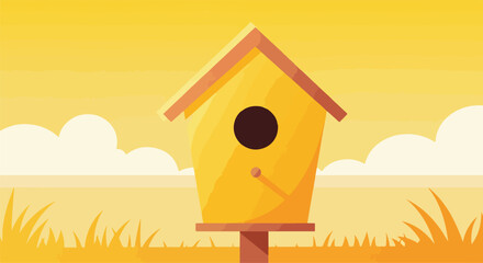 Yellow birdhouse in field, cloudy sky behind.  Home concept, protection theme