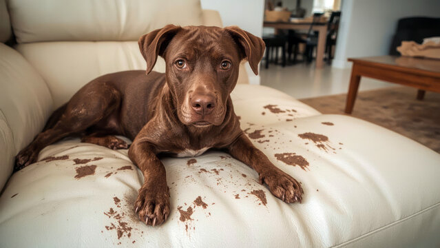 Brown dog lying on white leather sofa with muddy paws and sad expression in living room