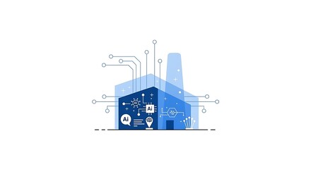 Illustration of a blue factory with ai icons and connected lines on a white background design element
