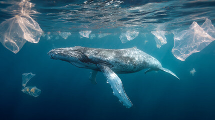 A majestic humpback whale swims amid floating plastic bags, highlighting the urgent need to protect our oceans from pollution and preserve marine life.
