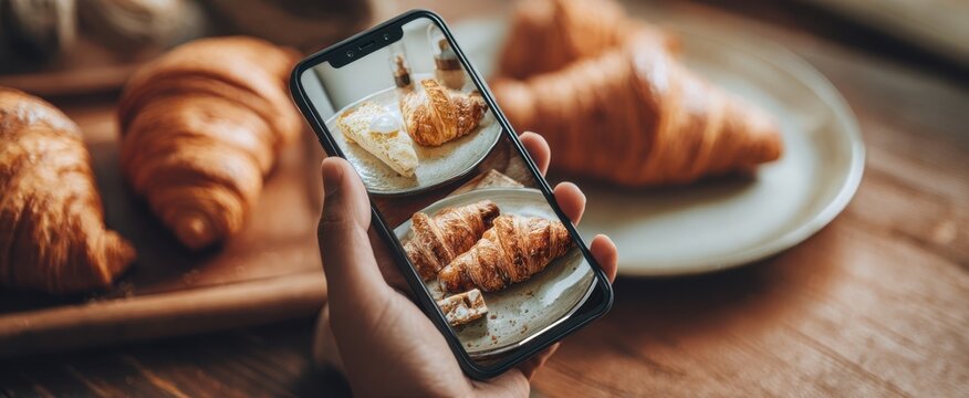 The smartphone captures a delicious croissant beside a warm pastry. - Powered by Adobe