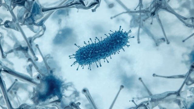 Microscopic image showing mycobacterium tuberculosis stained blue at 40X magnification using a light microscope