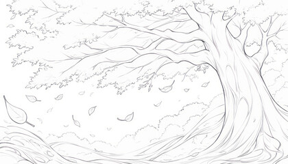 Large tree with detailed branches and leaves blowing in wind, creating peaceful and natural scene in black and white line art