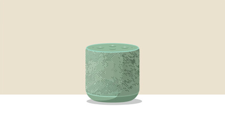 Green speaker sits on a white table in front of a beige wall, for simple lifestyle