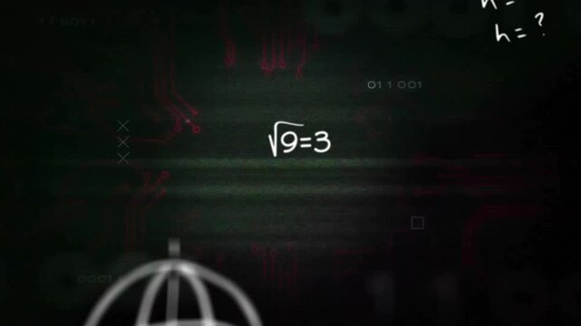 Glitch line sweeping revealing ?9=3 updating E=mc&sup2; sphere sketching red X crossing ? drifting