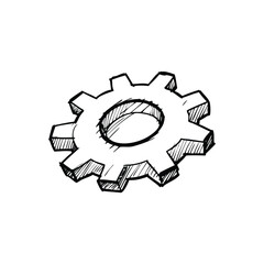 Handdrawn sketch of a single gear or cogwheel, depicted in black and white with a textured, slightly rough style, isolated on a clean white background, symbolizing industry, mechanics, and engineering