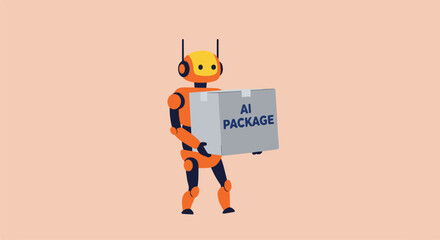 Robot carries package; isolated background; modern delivery concept