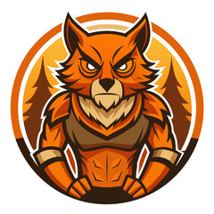 Bright Orange Woodland Warrior Mascot in Tree-Framed Circular Vector Emblem