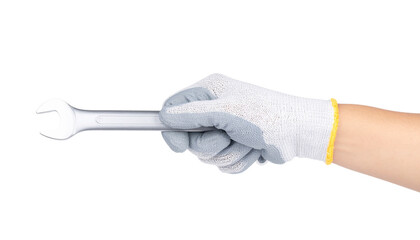 A gloved hand holds a sliver-shaped, light gray tool isolated on solid white background