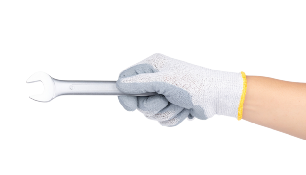 A gloved hand holds a sliver-shaped, light gray tool isolated on solid white background