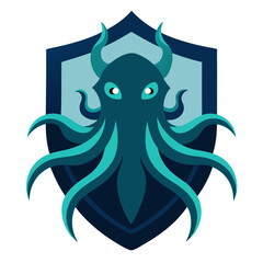 Fototapeta premium Sea Monster with Tentacles and Glowing Eyes in Teal-Navy Crest for Marine Branding