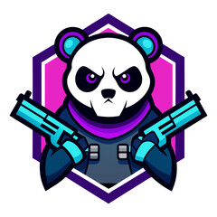 Cartoon Panda with Skull Head and Dual Guns in Neon Purple-Blue Badge for Shooter Teams © Nobel Fahad