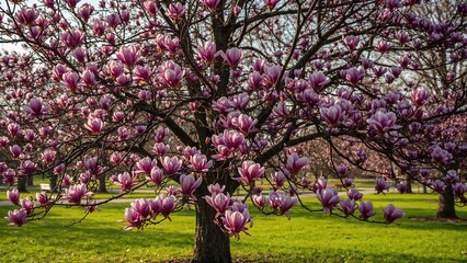 Magnolia tree covered with vibrant purple and pink flowers in a blossoming park
