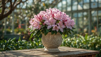 Vibrant azalea blooms thriving in potted plants inside a greenhouse