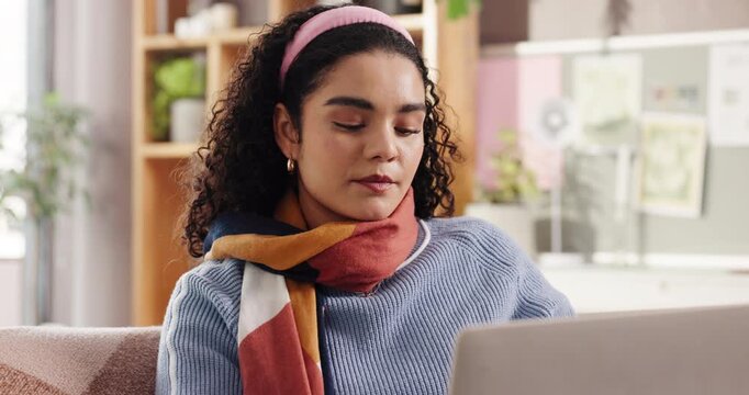 Remote work, woman and thinking with laptop on sofa for creative inspiration, story editing or blog. Freelancer, writer and tech in home with ideas for article headline, proofreading and publication