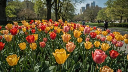 Colorful tulips flourishing in a landscaped park area