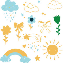 Cheerful Yellow and Blue Doodle Elements Featuring Sun, Clouds, Rainbow, and Flowers illustration cute
