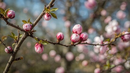 Fresh pink buds blossoming on a tree branch in spring