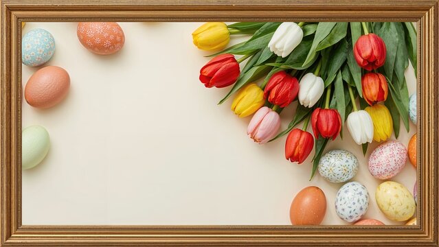 Traditional holiday setup showcasing blossoming tulips and painted eggs with room for message