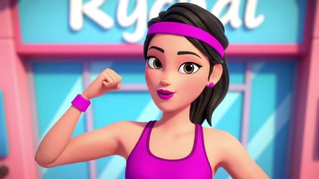 This determined animated woman, inspired by a powerful muscle wolf cartoon, proudly flexes her bicep in a vibrant gym setting.