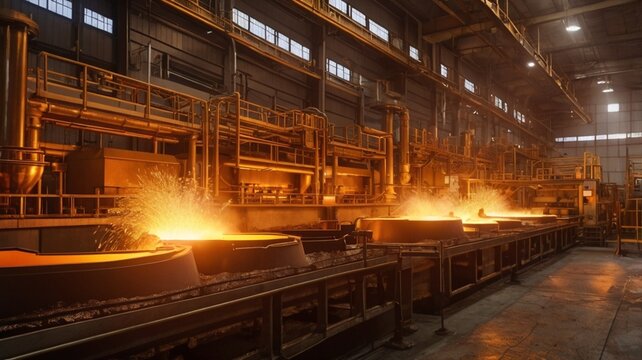 Industrial Gold Refining Facility with Molten Metal Flowing into Vats