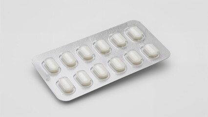 White background featuring a blister pack of medication pills, medical and pharmacy theme