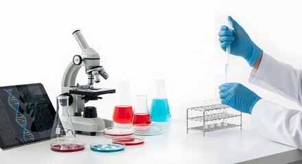 Laboratory setup with microscope and scientist conducting experiments with colored liquids early in the morning