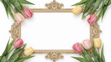 Blank matrimonial invitation or greeting card layout featuring tulip floral accents, white card model with room for content