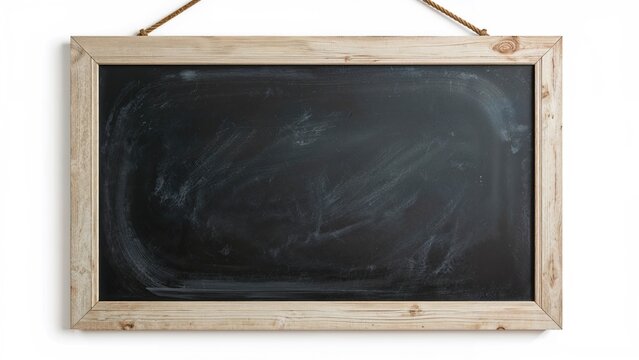 Wooden-framed blank chalkboard with hanging cord set on a white background