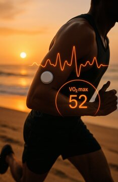Runner with Wearable Health Patch and VO2 Max Display on Beach at Sunrise