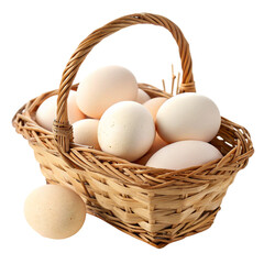 Wicker basket with fresh eggs isolated on transparent background  
