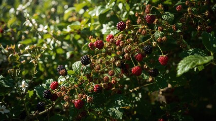 Darkening fruits of raspberries and blackberries growing on plants.