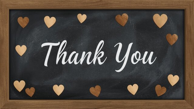 Wooden heart embellishments on a nostalgic chalkboard displaying thank you