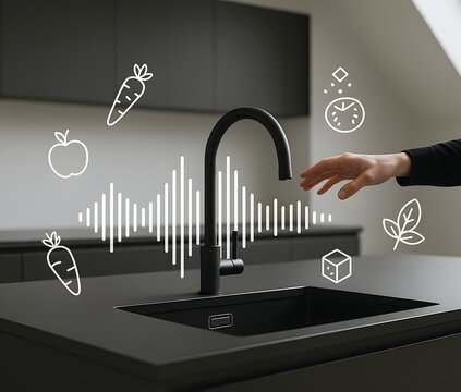 Voice Controlled Faucet with Floating Ingredients and Soundwave in Modern Black Kitchen
