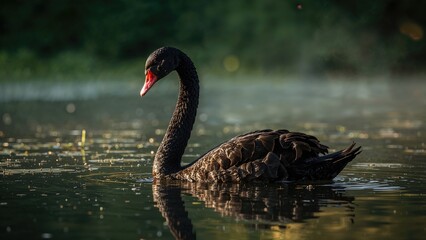 Fototapeta premium Graceful dark bird on quiet water bathed in morning light