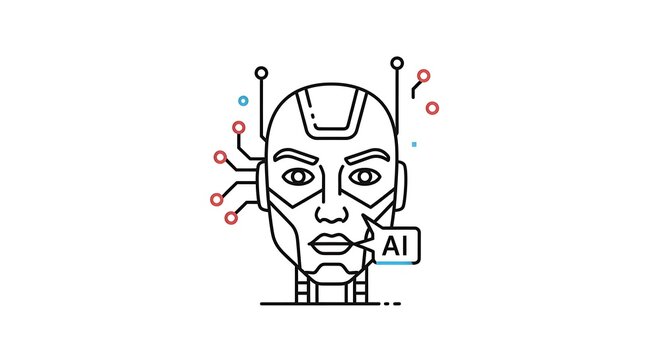 Stylized ai robot head with circuit connections and ai text bubble on a white background