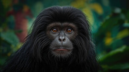 Close-up of a cute black lion tamarin in a lush environment