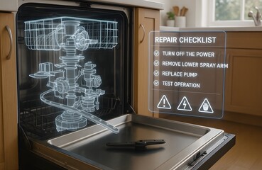 Augmented Reality Dishwasher Repair Guide with Holographic Parts Diagram and Checklist in Sunlit Modern Kitchen