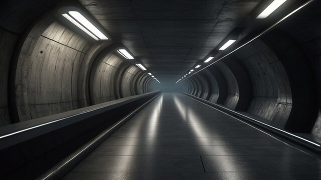Long Concrete Underground Tunnel with Industrial Lighting and Metal Pipes