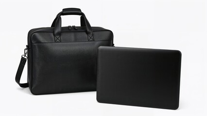 Isolated black leather men's work bag on a white surface