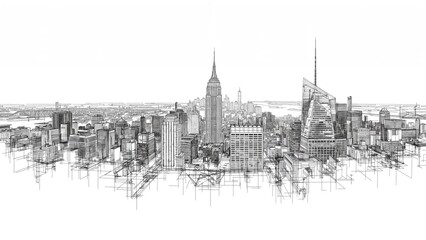 Fototapeta premium Outline drawings of iconic cityscapes in black and white