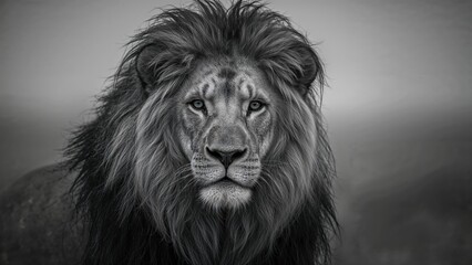 Grayscale close-up of an adult male lion belonging to a vanished wild subspecies.