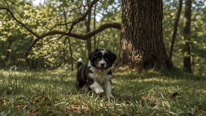 Cute puppy frolicking in a forest landscape with greenery