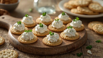 Appetizer crackers layered with cottage cheese and sprinkled parsley