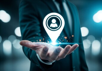 Targeted Marketing and Customer Strategy Concept. A person holds icon of a location marker with user symbol, target marketing, and customer centric. Precision in reaching and engaging right audience.