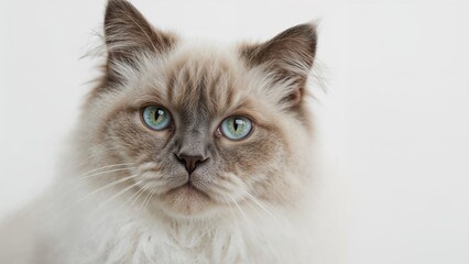 Direct gaze of a Birman breed cat in a tight portrait
